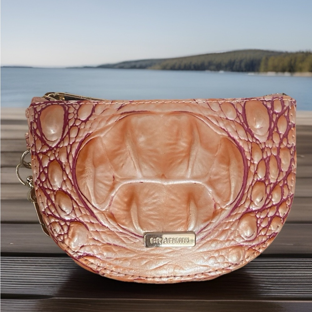Brahmin BRITT Apricot Rose Croc Embossed Leather Clip On Coin Card Wallet Purse